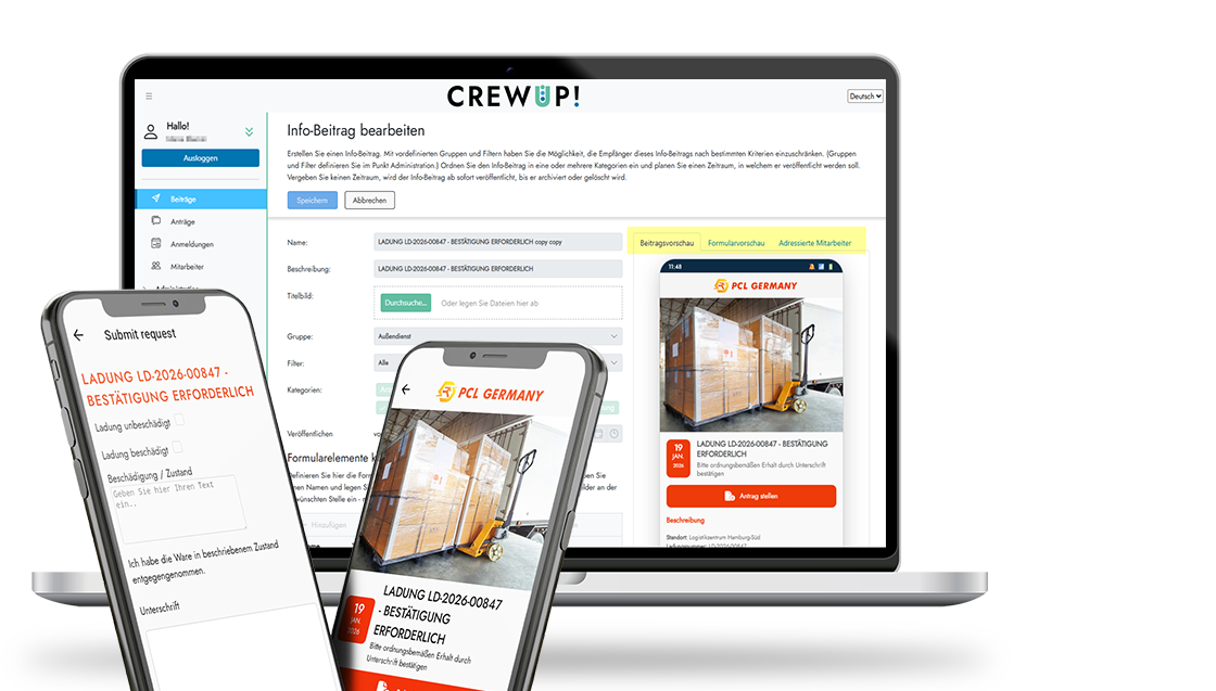 CREWUP! Administrationsoberfläche mit mobiler Formularansicht