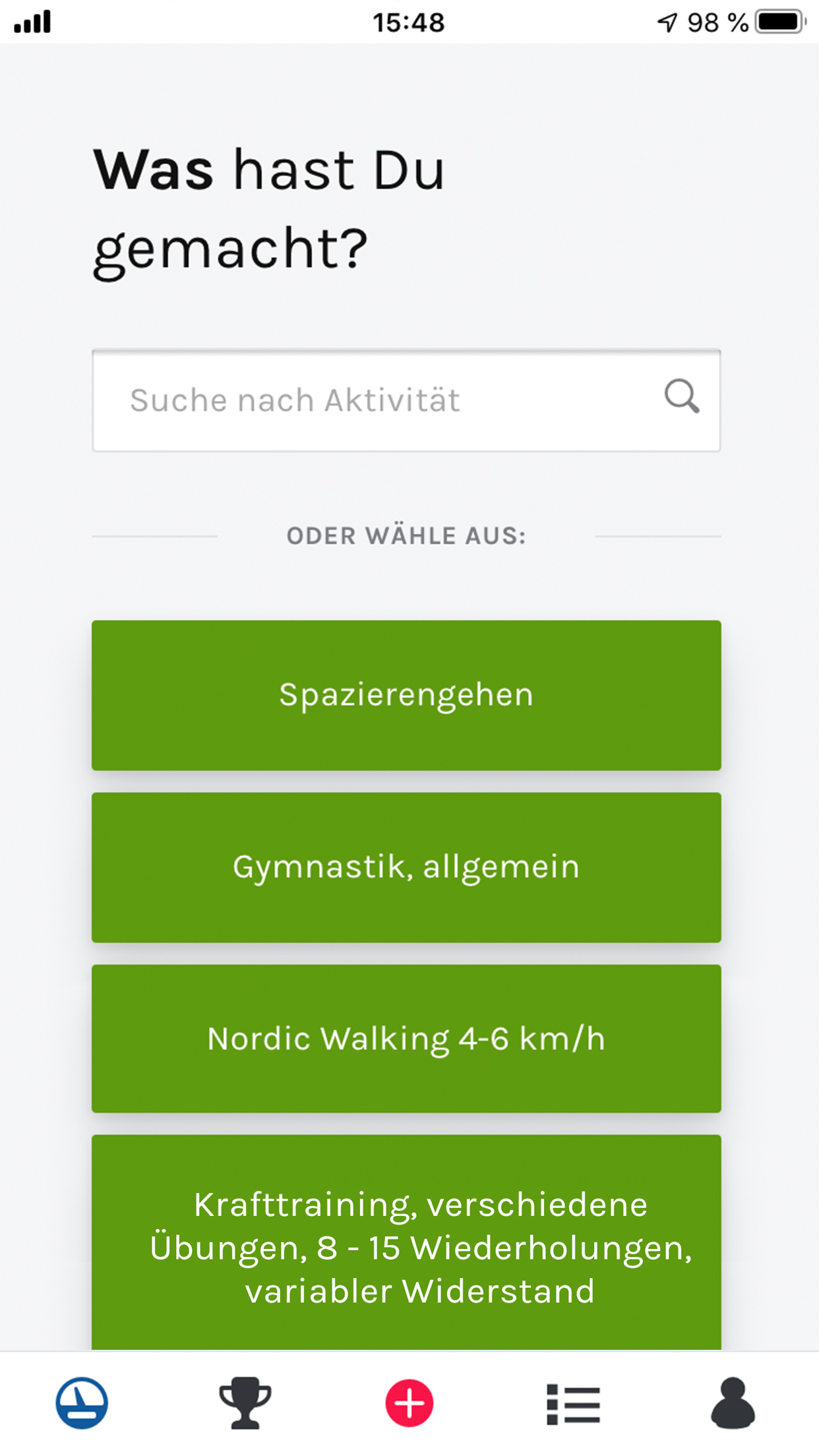 Auswahl einer Bewegungsaktivität in der movival App